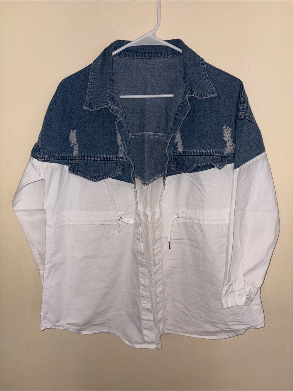Denim-Trim White Colorblock Jacket